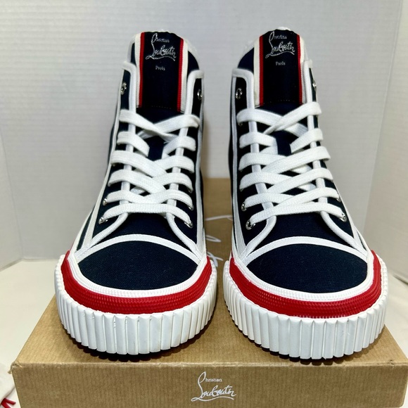 NEW 2024! CHRISTIAN LOUBOUTIN PEDRO FLAT HIGHTOP SNEAKERS MARINE RED WHITE 44 - Picture 9 of 15